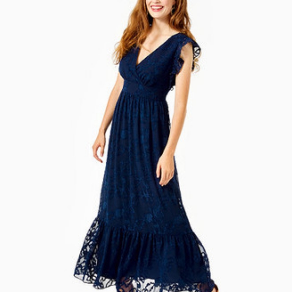 Lilly Pulitzer Autumn Ruffle Midi Navy Gold Dress size 2